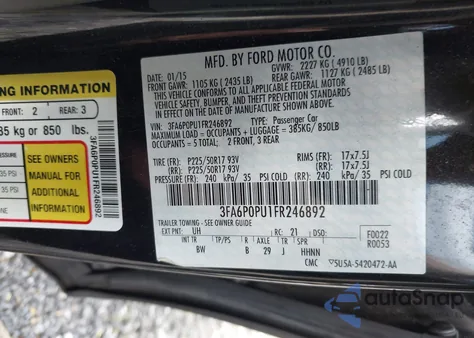 2015 Ford Fusion Energi Se Luxury z USA, uszkodzony, nr VIN 3FA6P0PU1FR246892